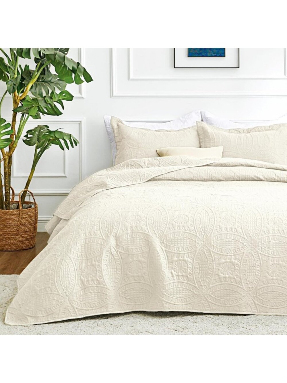 King Size Beige Quilt Bedding Set - Lightweight Summer Bedspread & Pillow Shams